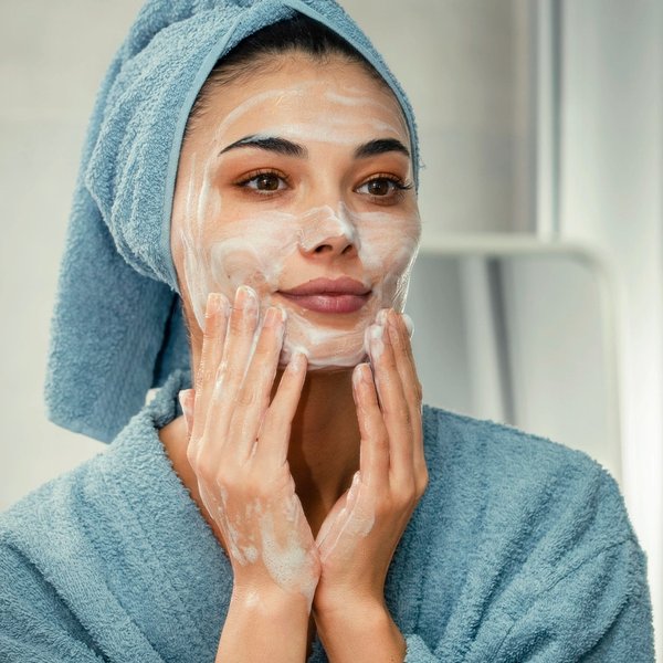 Double Cleansing: Frau reinigt ihr Gesicht