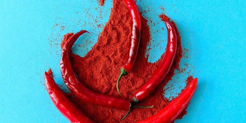 Mehrere Chili-Schoten auf Chili-Pulver in Form einer Flamme auf blauem Untergrund