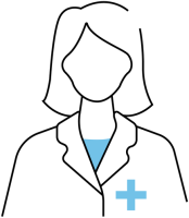 Icon einer stilisierten weiblichen Figur in einem Arztkittel mit einem blauen Kreuz in der unteren rechten Ecke, das medizinisches Personal symbolisiert.