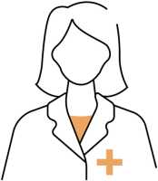 Icon einer stilisierten weiblichen Figur in einem Arztkittel mit einem orangen Kreuz in der unteren rechten Ecke, das medizinisches Personal symbolisiert.