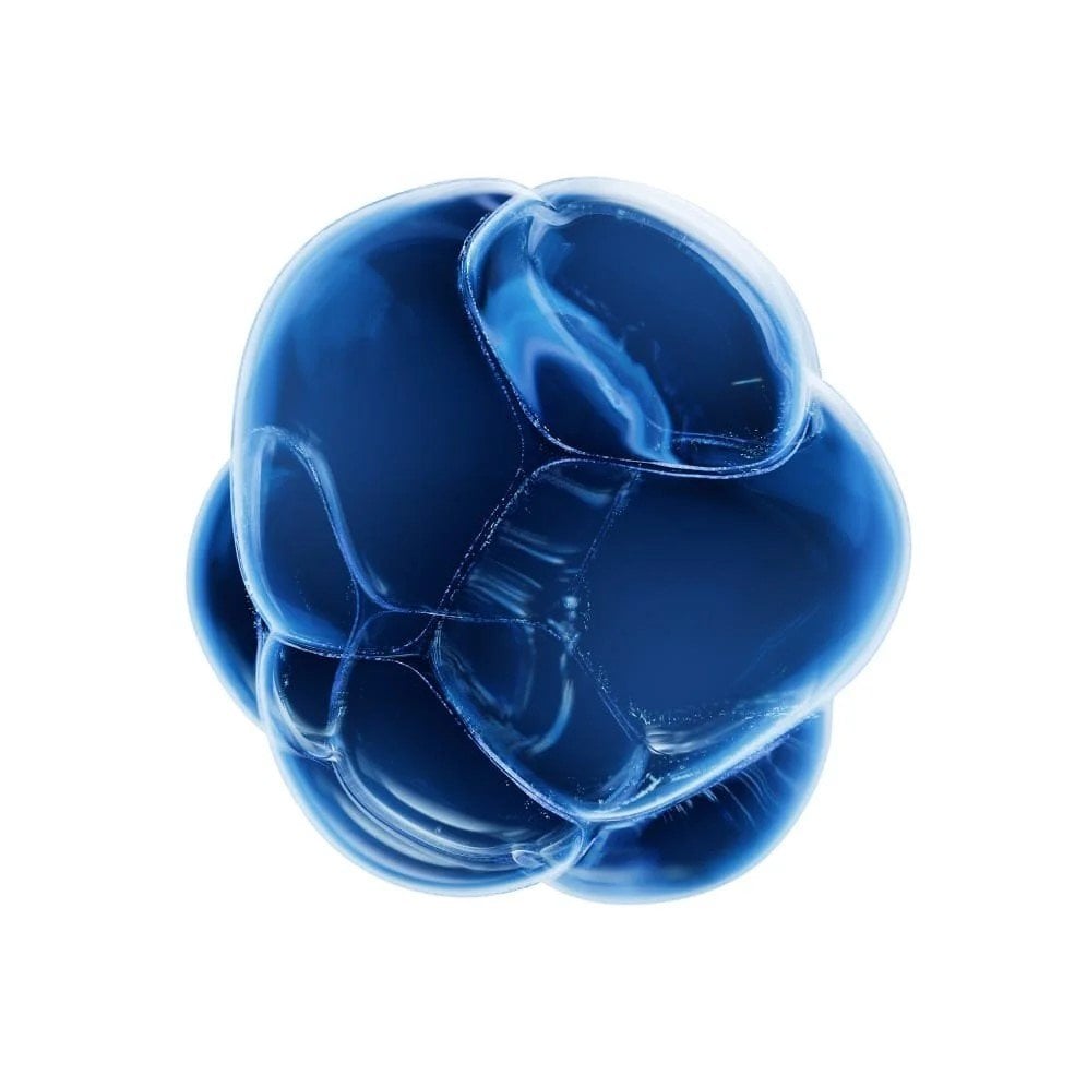 Abstrakte blaue 3D-Form mit glatten, glänzenden Oberflächen und organischen Linien auf weißem Hintergrund.