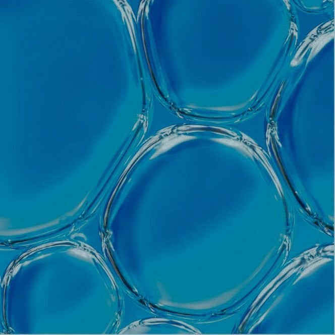 Abstrakte Darstellung von vergrößerten, transparenten Blasen auf blauem Hintergrund, inspiriert von den Inhaltsstoffen Linactyl und Pro-Xylane.