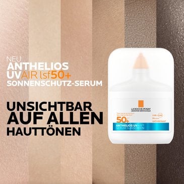 Anthelios UV Air SPF 50+ Produkt vor Hintergrund mit verschiedenen Hauttönen, Aussage „unsichtbar auf allen Hauttönen“.