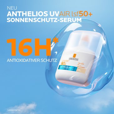 Anthelios UV Air SPF 50+ Flasche in transparenter Bubble vor Himmel, Claim „16H antioxidativer Schutz“.
