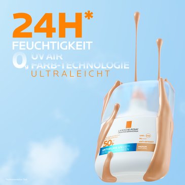 Anthelios UV Air SPF 50+ Flasche mit fließender getönter Textur vor blauem Hintergrund, Claims zu 24 Stunden Feuchtigkeit und ultraleichter Formel.