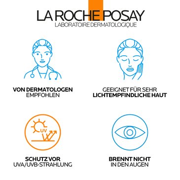 La Roche-Posay Übersicht mit Icons: von Dermatologen empfohlen, geeignet für lichtempfindliche Haut, Schutz vor UVA- und UVB-Strahlung sowie kein Brennen in den Augen.