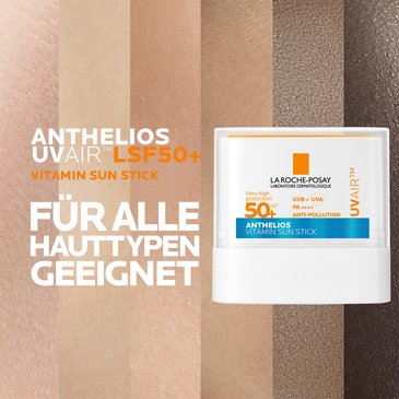 Anthelios UV Air Stick LSF 50+ vor Hintergrund mit verschiedenen Hauttönen, Hinweis „für alle Hauttypen geeignet“.