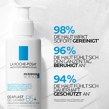 Produktbild mit Text: Über 90 Prozent verschiedener Anwender sagen, die Haut fühlt sich sofort gereinigt und dauerhaft geschützt an.
