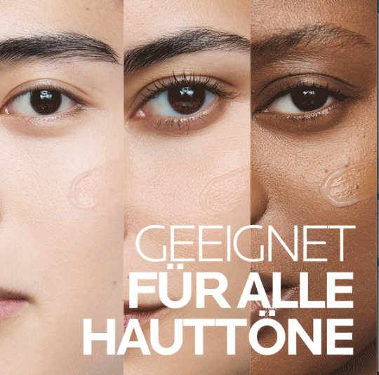 Drei nebeneinander angeordnete Gesichter mit unterschiedlichem Hautton, jeweils mit aufgetragenem Gel und dem Schriftzug „Geeignet für alle Hauttöne“