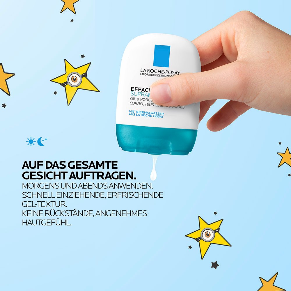 Produktverpackung von „EFFACLAR Supramolecular Oil and Pores Correct“. Text: „Dermatologisch getestet“, „Nicht komedogen“ sowie „Sanft zur Haut“.