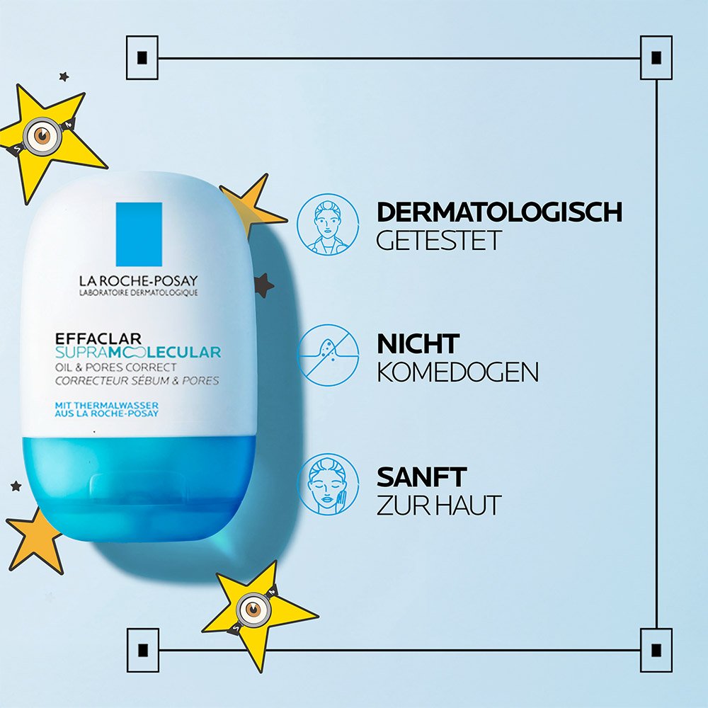 Produktverpackung von „EFFACLAR Supramolecular Oil and Pores Correct“. Text: „Dermatologisch getestet“, „Nicht komedogen“ sowie „Sanft zur Haut“.