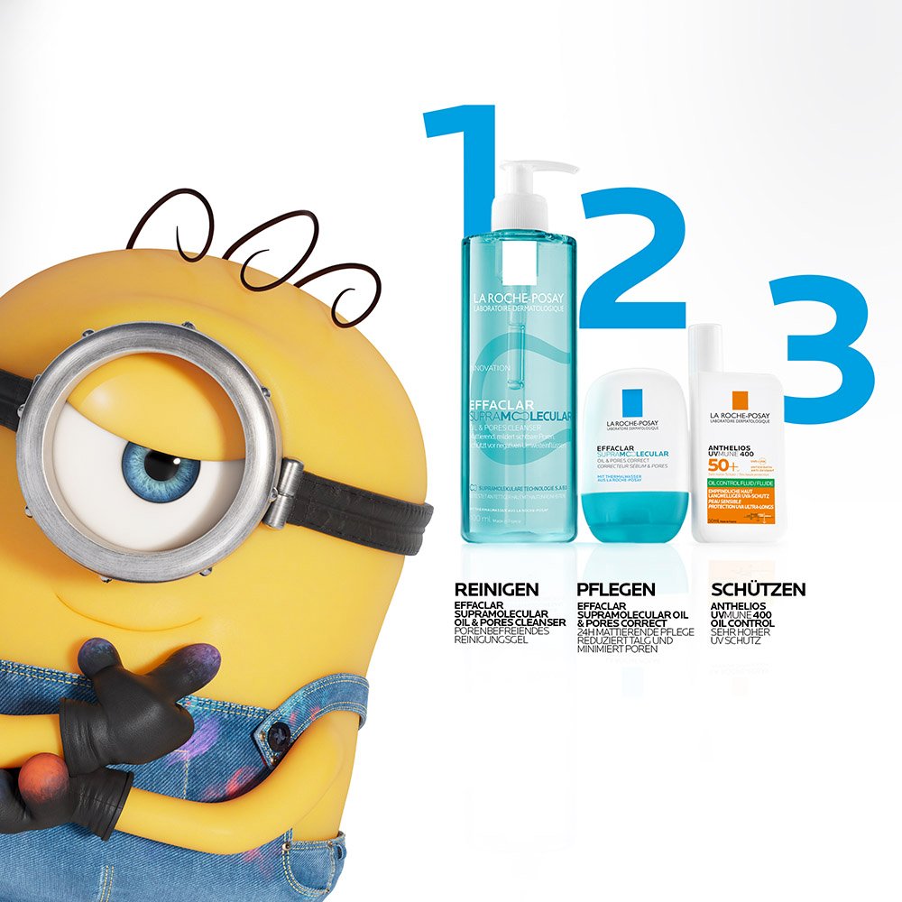 Zufriedenes Minion mit einer Darstellung der Pflegeroutine „PFLEGEROUTINE“ und Produktübersicht. Text: „1. Reinigen – EFFACLAR Supramolecular Porenverfeinerndes Reinigungsgel“, „2. Pflegen – EFFACLAR Supramolecular Oil and Pores Correct“ sowie „3. Schützen – ANTHELIOS UVMune 400 Oil Control Fluid LSF 50+“.