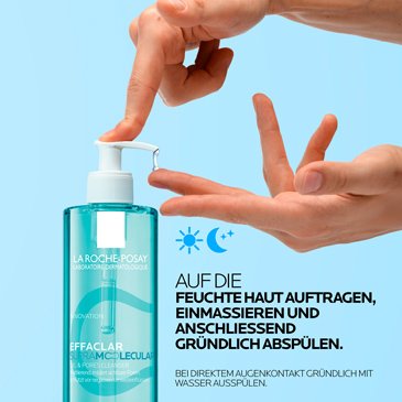 Anwendungsbild des Effaclar Supramolekular Reinigungsgels, welches auf die feuchte Haut aufgetragen, einmassiert und anschließend abgespühlt wird.