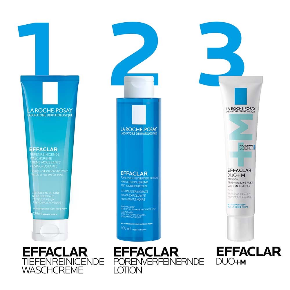 Schritt 1 reinige dein Gesicht mit der Effaclar tiefenreinigenen Waschcreme, Schritt 2 nutze die Effaclar porenverfeinernde Lotion und Schritt 3 creme dein Gesicht ein mit der Effaclar Duo+M