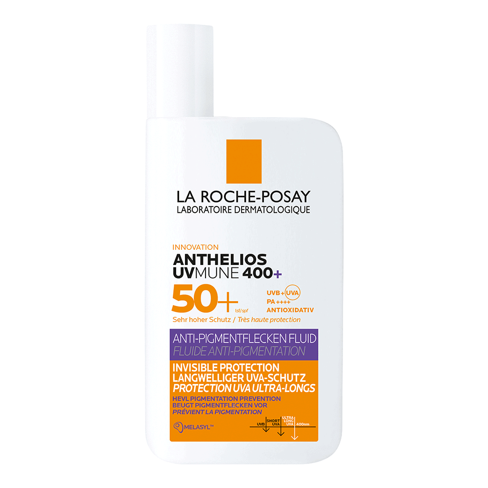 Flasche von La Roche-Posay Anthelios UVmune 400+, Sonnenschutz mit SPF 50+, Schutz vor UVA/UVB-Strahlen, Anti-Pigmentflecken-Fluid.