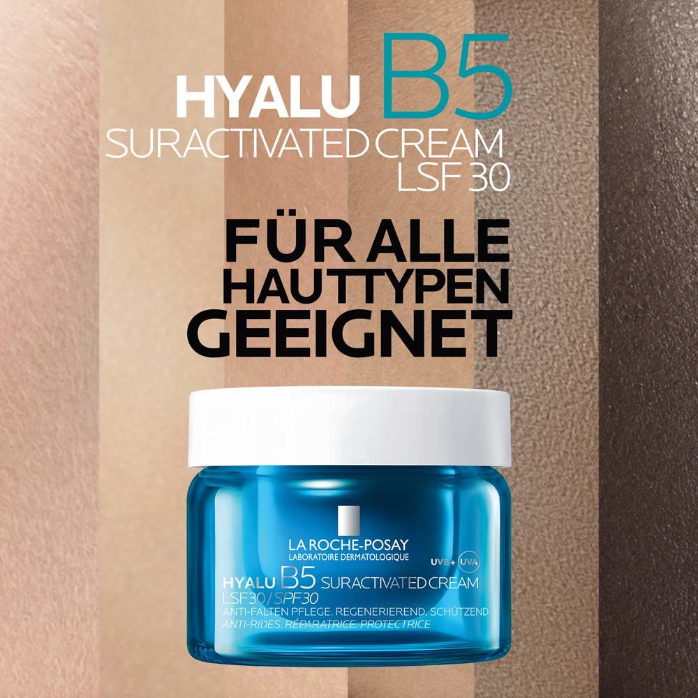 Als Hintergrund sieht man verschiedene Hauttypen und Farbnuancen. Im Vordergrund die Creme-Dose Hyalu B5 Suractivated Créme LSF30  mit Hinweis, dass es für alle Hauttypen geeignet ist