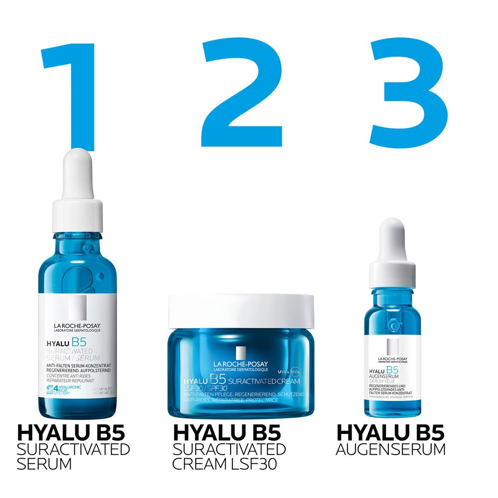 Drei Pflegeprodukte von La Roche-Posay als Routine aufgelistet. Hyalu B5 Suracvtivated Serum, Hyalu B5 Suractivated Créme LSF 30 und Hyalu B5 Augenserum