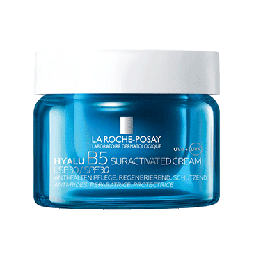 Produktfoto der Hyalu B5 Suractivated Cream LSF30 in blauem Tiegel mit weißem Deckel zur Darstellung der Verpackung. Aufschrift: ‚La Roche-Posay Hyalu B5 Suractivated Cream LSF30/SPF30, Anti-Falten Pflege, regenerierend, schützend, Anti-Rides, Réparatrice-Protectrice‘.