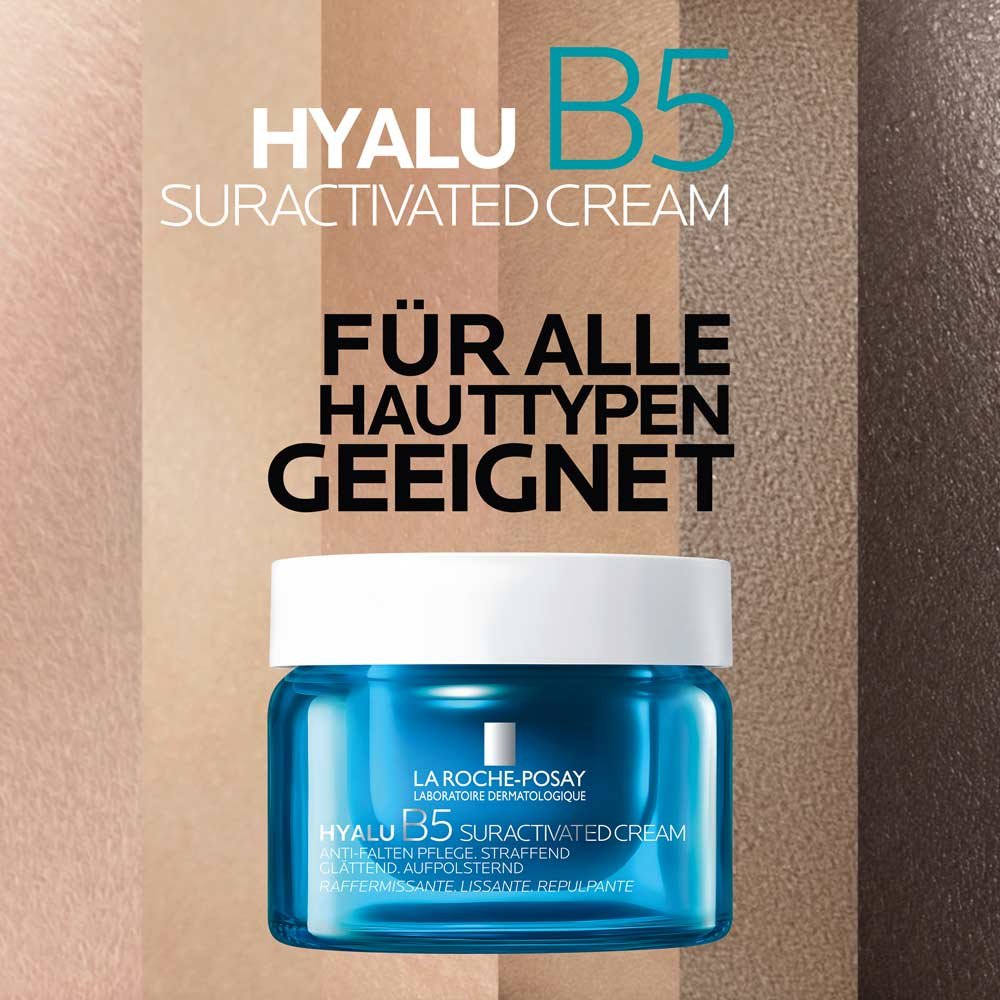 Hyalu B5 Cream mit Darstellung verschiedener Hauttöne, Aussage: geeignet für alle Hauttypen