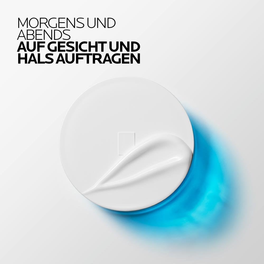 Geöffneter Cremetiegel mit Anwendungshinweis: morgens und abends auf Gesicht und Hals auftragen