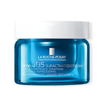 Produktbild der Hyalu B5 Suractivated Cream in blauem Glastiegel mit weißem Deckel