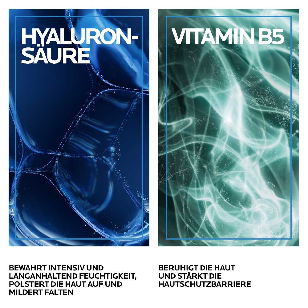 Mikroskopische Ansicht zweier Inhaltsstoffe: Hyaloronsäure, die Feuchtigkeit spendet und Falten mildert und Vitamin B5, was die Haut beruhigt und stärkt