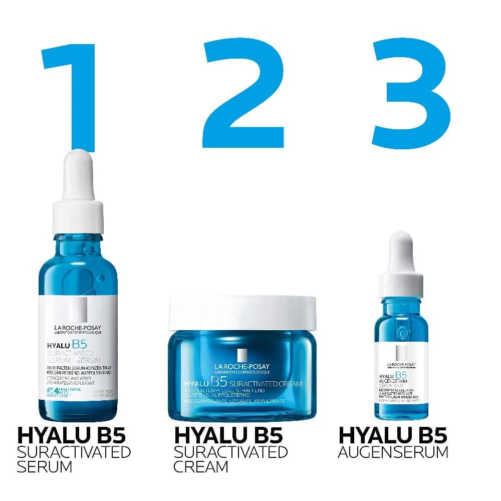 Drei Pflegeprodukte von La Roche-Posay als Routine aufgelistet. Hyalu B5 Suracvtivated Serum, Hyalu B5 Suractivated Créme LSF 30 und Hyalu B5 Augenserum