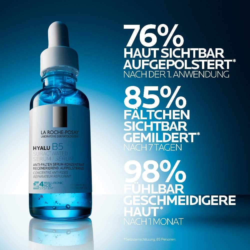 HYALU B5 Suractivated Serum. Blaue Flasche mit Pipette vor dunkelblauem Hintergrund. Die Flasche ist ausgeleuchtet. Hinweis über Studienergebnisse zum Produkt, die im Verlauf der Seite noch aufgelistet werden