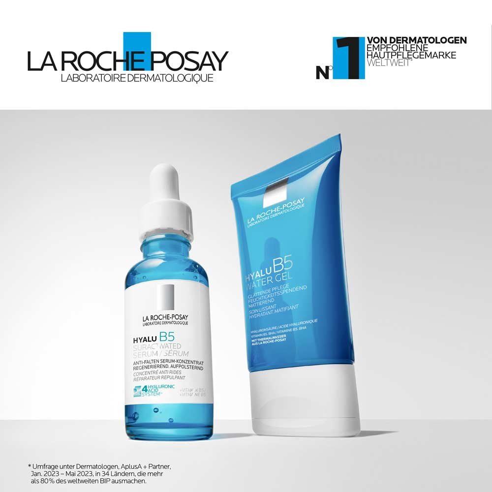 Zwei Produkte von La Roche-Posay nebeneinander: Hyalu B5 suractivated Serum und Hyalu B5 Water Gel