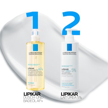 Pflegeroutine: Lipikar Duschöl AP+ und Lait Urea 5 % – empfohlene Pflegeroutine für gereinigte, hydratisierte Haut