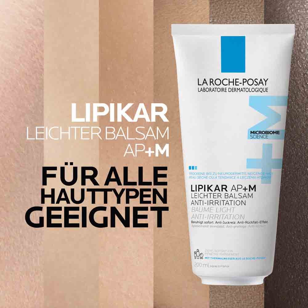 Produktabbildung von Lipikar Leichter Balsam AP+M von La Roche-Posay vor beigem Hintergrund mit Text „Für alle Hauttypen geeignet“.