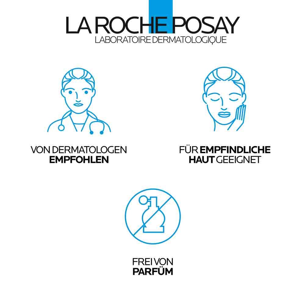Drei Symbole mit Text „Von Dermatolog:innen empfohlen“, „Für empfindliche Haut geeignet“ und „Frei von Parfüm“.