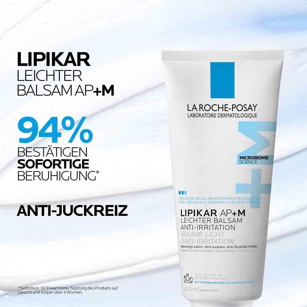 Produktabbildung von Lipikar Leichter Balsam AP+M neben Text „94 % bestätigen sofortige Beruhigung“ und „Anti-Juckreiz“.
