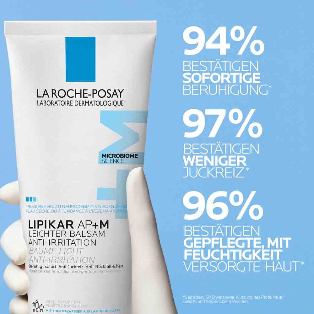 Abbildung von Lipikar Leichter Balsam AP+M mit Prozentangaben zu Beruhigung, Juckreizreduktion und Hautpflege.