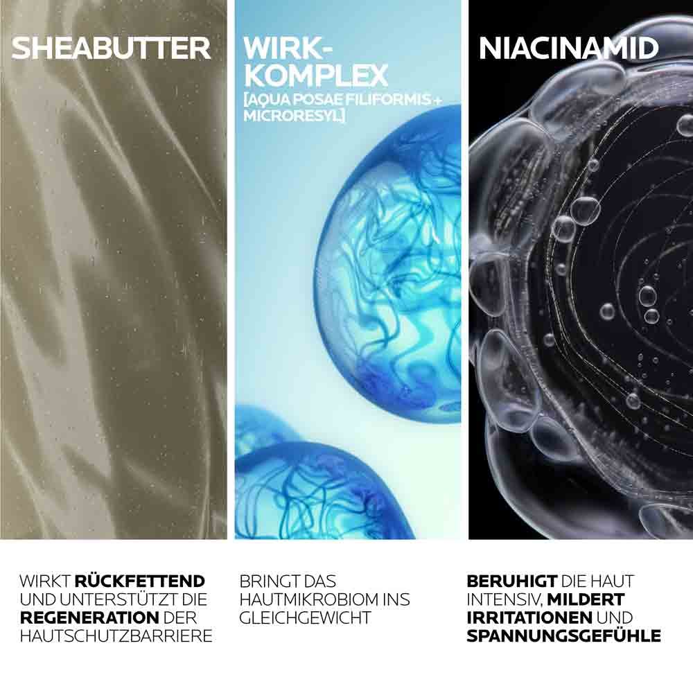 Drei Nahaufnahmen von Sheabutter, Wirkkomplex und Niacinamid mit Beschreibungen zu Regeneration, Hautmikrobiom und Beruhigung.
