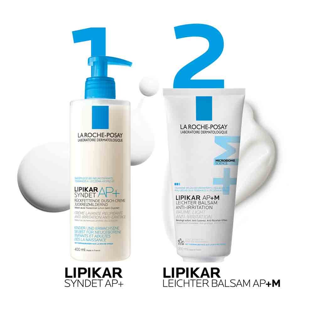 Lipikar Syndet AP+ und Lipikar Leichter Balsam AP+M als Pflegeschritte 1 und 2 für trockene Haut.