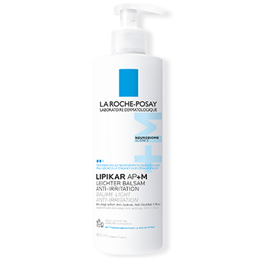 Produktverpackung von Lipikar Leichter Balsam AP+M La Roche-Posay 400 ml, beruhigender und feuchtigkeitsspendender Balsam für trockene Haut.