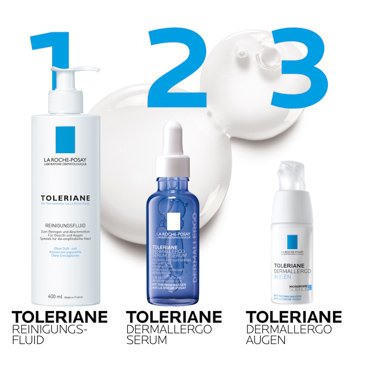 Die perfekte Routine für empfindliche Haut: Schritt 1 das Toleriane Reinigungsfluid, Schritt 2 das Toleriane Dermallergo Serum und Schritt 3 die Dermallergo Augencreme