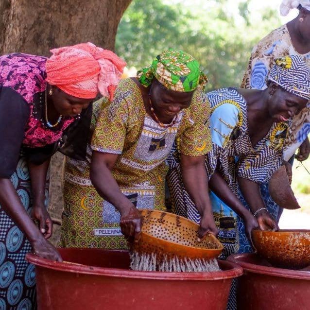 Vier westafrikanische Frauen waschen etwas mit Sieben
