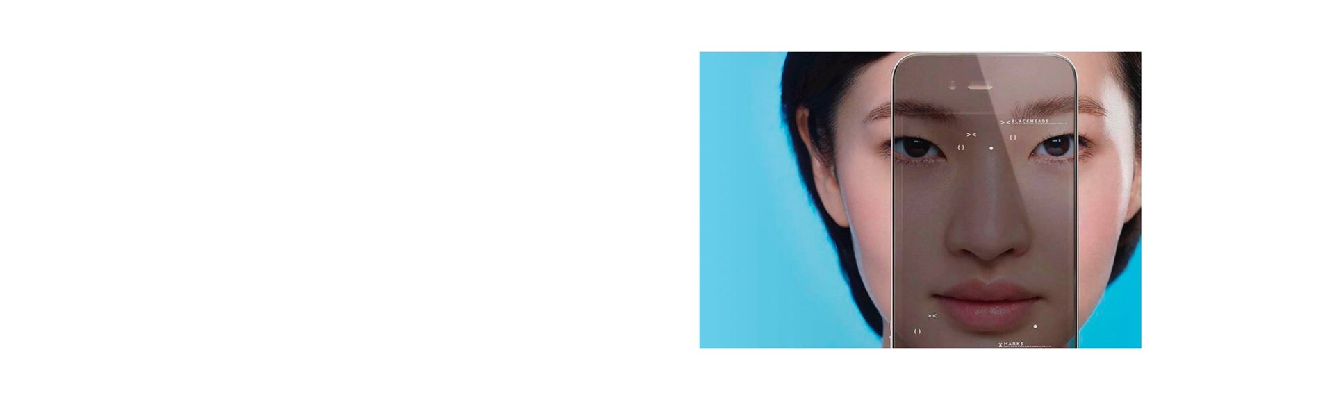 Ein Teil eines Gesichts vor blauem Hintergrund, mit einem Umriss eines Handys vor dem Gesicht