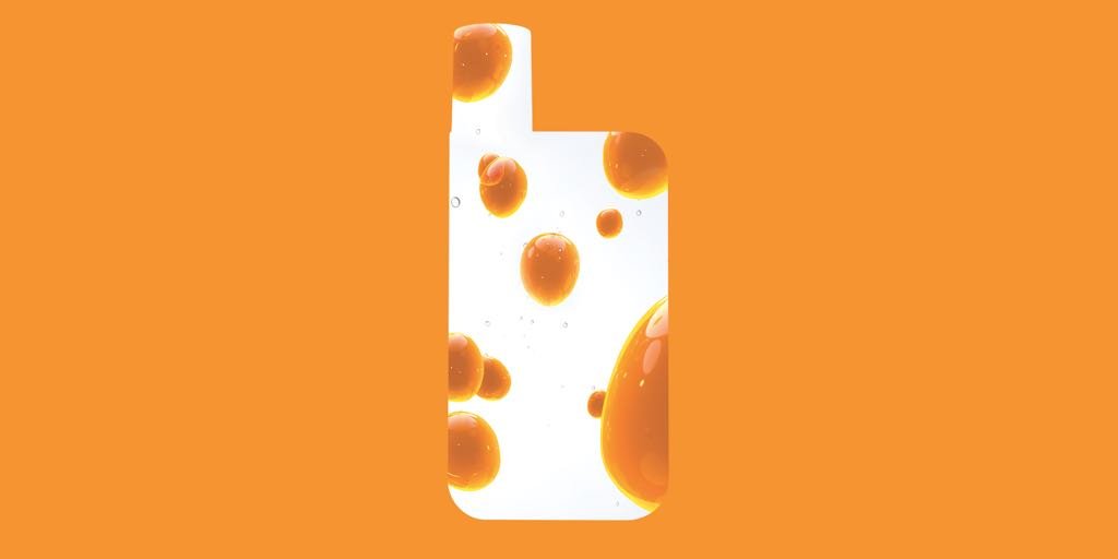 Orange Blasen schweben in einer weißen Form die aussieht wie eine Anthelios Flasche, , vor einem orangefarbenen Hintergrund.