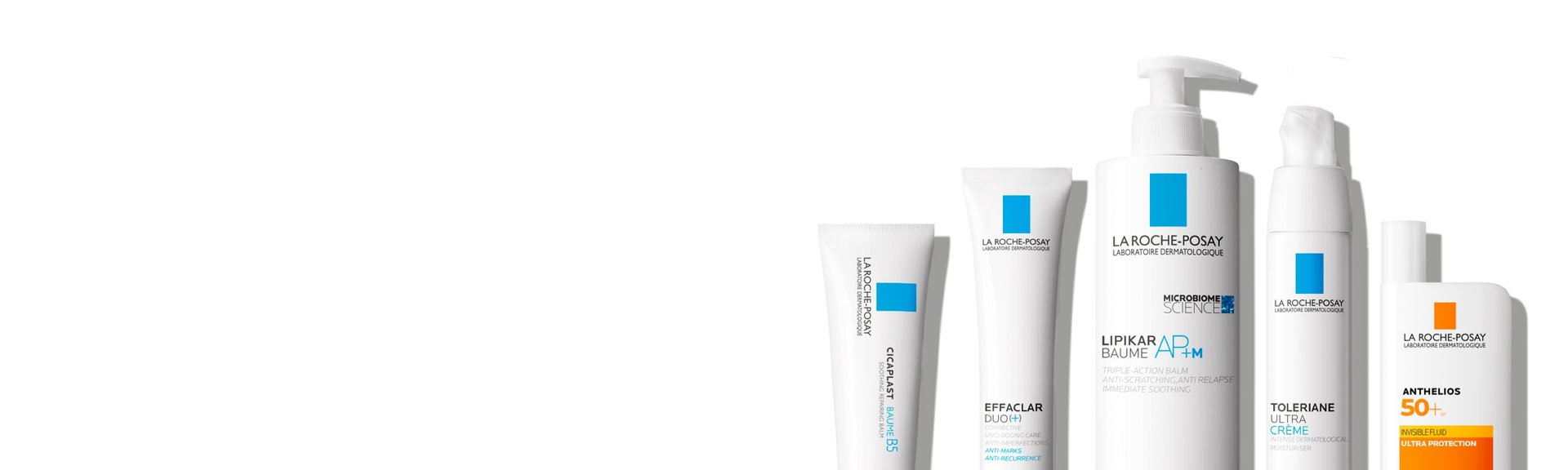 Eine Reihe von La Roche-Posay Hautpflegeprodukten, darunter Cremes und Sonnenschutz, auf einem weißen Hintergrund.