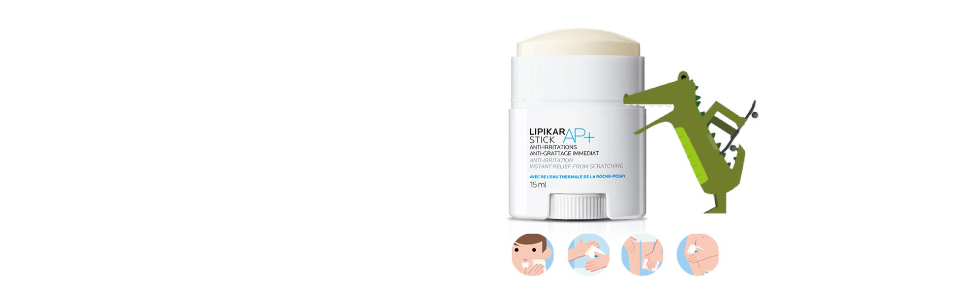 Lipikar Stick AP+ von La Roche-Posay, 15 ml, lindert Hautirritationen. Anwendungssymbole und Krokodil-Illustration ergänzen das Design.